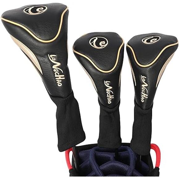 Black & Gold  Golf Head Covers 3pcs Set, Driver Fairway Wood Headcovers 1/ 3 / X - Picture 1 of 13